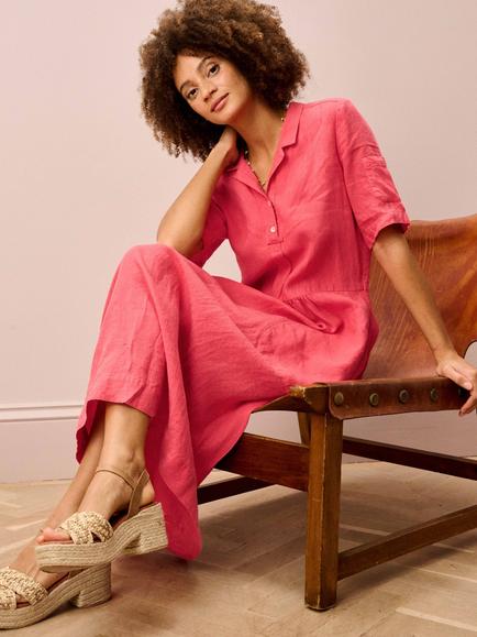 Brora Utility Pure Linen Shirt Dress, Coral - view 2, Coral