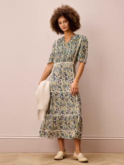 Brora Block Floral Lace Trim Pure Silk Dress, Oyster/Indigo, Oyster/Indigo