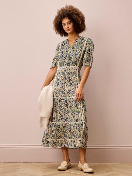 Brora Block Floral Lace Trim Pure Silk Dress, Oyster/Indigo, Oyster/Indigo