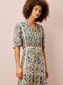 Brora Block Floral Lace Trim Pure Silk Dress, Oyster/Indigo - view 2, Oyster/Indigo