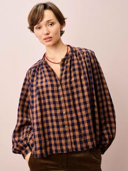 Brora Gingham Pure Linen Smock Top, Caramel/Navy, Caramel/Navy
