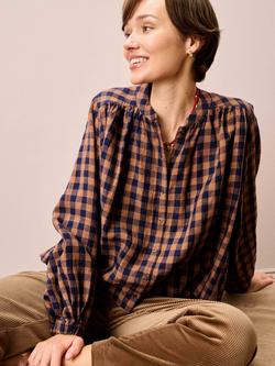Brora Gingham Pure Linen Smock Top, Caramel/Navy - view 2, Caramel/Navy