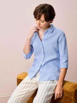Brora Houndstooth Pure Linen Shirt, Cornflower - view 2, Cornflower