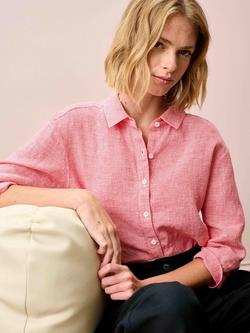 Brora Houndstooth Pure Linen Shirt, Coral - view 2, Coral