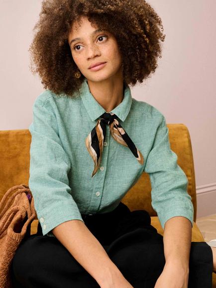 Brora Houndstooth Pure Linen Shirt, Celadon - view 2, Celadon