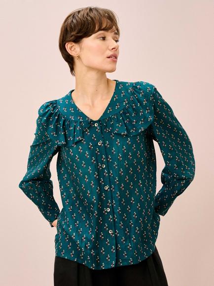 Brora Frill Collar Block Floral Shirt, Mallard, Mallard