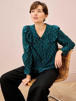 Brora Frill Collar Block Floral Shirt, Mallard - view 2, Mallard