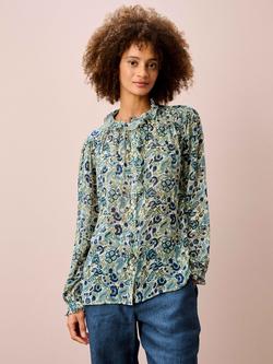 Brora Botanical Pure Silk Shirt, Oyster/Indigo, Oyster/Indigo