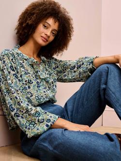 Brora Botanical Pure Silk Shirt, Oyster/Indigo - view 2, Oyster/Indigo