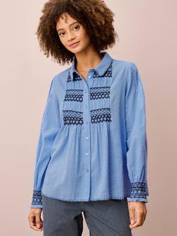 Brora Smocked Pintuck Shirt, Sky/Navy, Sky/Navy