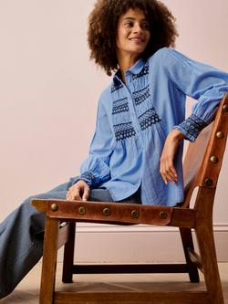 Brora Smocked Pintuck Shirt, Sky/Navy - view 2, Sky/Navy