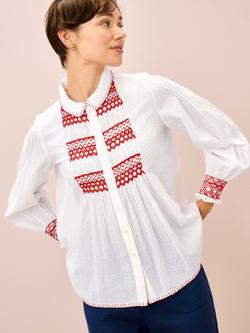 Brora Smocked Pintuck Shirt, White/Poppy, White/Poppy