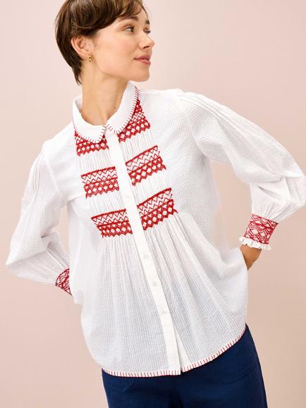 Brora Smocked Pintuck Shirt, White/Poppy, White/Poppy