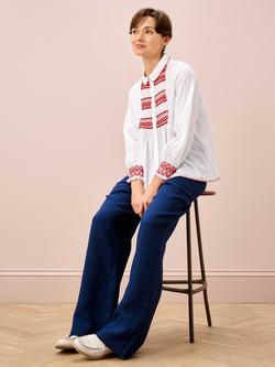 Brora Smocked Pintuck Shirt, White/Poppy - view 2, White/Poppy