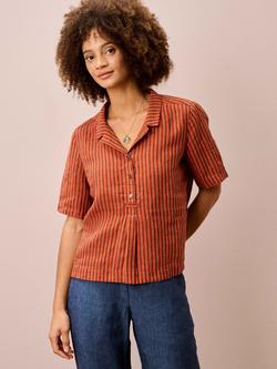 Brora Utility Stripe Pure Linen Top, Charcoal/Paprika, Charcoal/Paprika