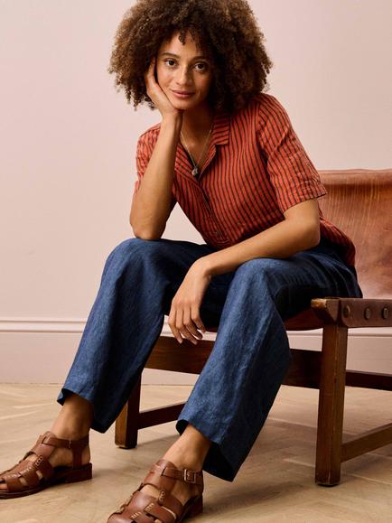 Brora Utility Stripe Pure Linen Top, Charcoal/Paprika - view 2, Charcoal/Paprika
