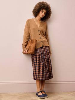 Brora Gingham Pleated Pure Linen Skirt, Caramel/Navy - view 2, Caramel/Navy