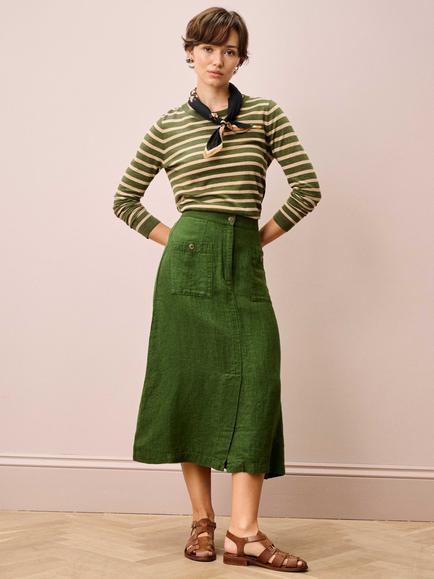 Brora Herringbone Pure Linen Skirt, Kelp - view 2, Kelp