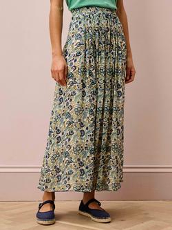 Brora Floral Pintuck Pure Silk Skirt, Oyster/Indigo, Oyster/Indigo