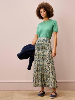Brora Floral Pintuck Pure Silk Skirt, Oyster/Indigo - view 2, Oyster/Indigo