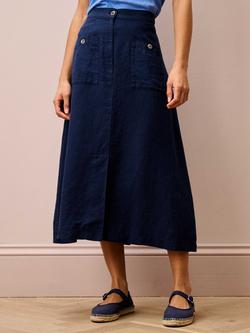 Brora Pure Washed Linen Midi Skirt, Navy, Navy