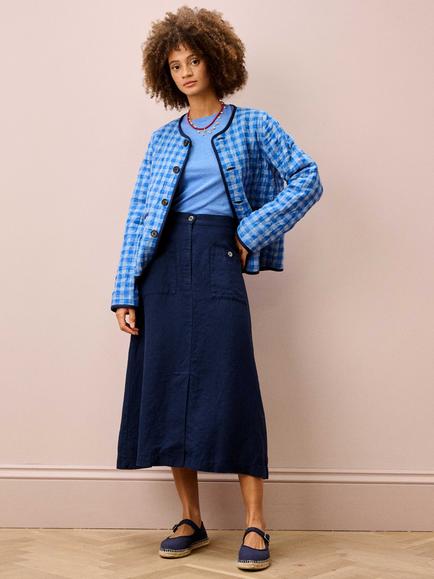 Brora Pure Washed Linen Midi Skirt, Navy - view 2, Navy