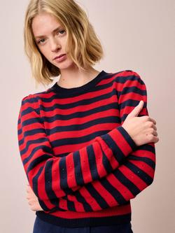 Brora Pointelle Detail Stripe Jumper, Navy/Poppy, Navy/Poppy