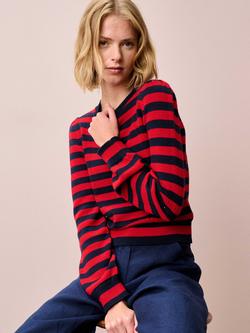 Brora Pointelle Detail Stripe Jumper, Navy/Poppy - view 2, Navy/Poppy