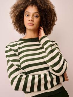 Brora Pointelle Detail Stripe Jumper, Khaki/Ivory, Khaki/Ivory