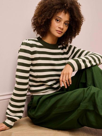 Brora Pointelle Detail Stripe Jumper, Khaki/Ivory - view 2, Khaki/Ivory