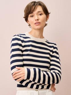 Brora Pointelle Detail Stripe Jumper, Ivory/Navy, Ivory/Navy