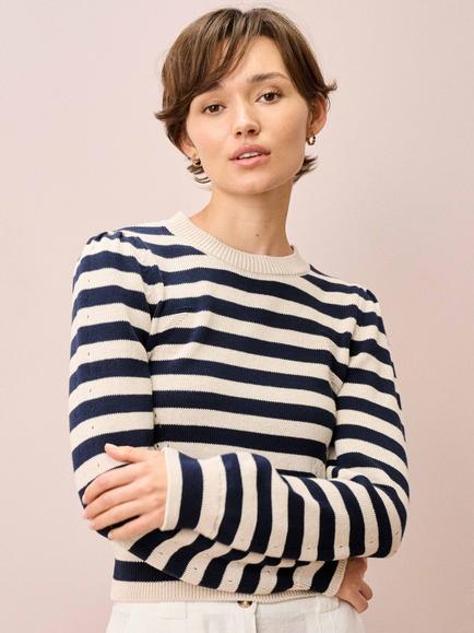 Brora Pointelle Detail Stripe Jumper, Ivory/Navy, Ivory/Navy