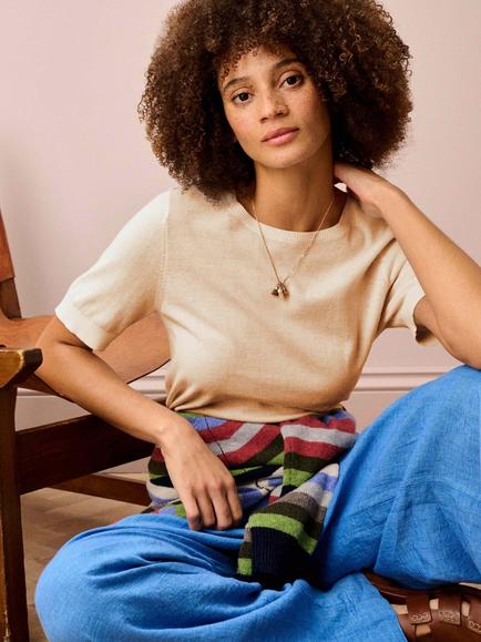 Brora Classic Round Neck T-Shirt, Sand - view 2, Sand