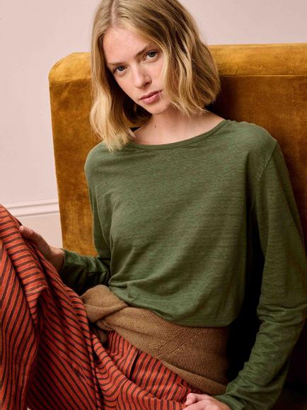 Brora Boat Neck Pure Linen Top, Moss - view 2, Moss