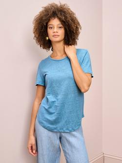 Brora Round Neck Pure Linen T-Shirt, Chambray, Chambray