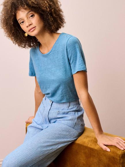 Brora Round Neck Pure Linen T-Shirt, Chambray - view 2, Chambray