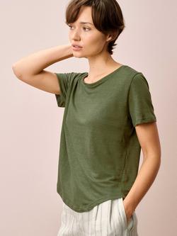 Brora Round Neck Pure Linen T-Shirt, Moss, Moss
