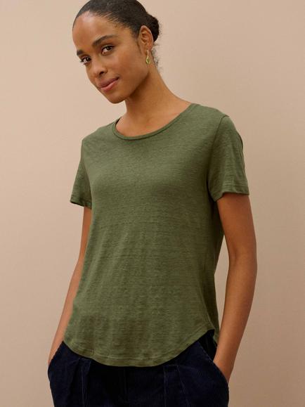 Brora Round Neck Pure Linen T-Shirt, Moss, Moss