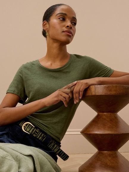 Brora Round Neck Pure Linen T-Shirt, Moss - view 2, Moss