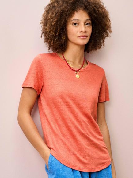 Brora Round Neck Pure Linen T-Shirt, Sienna, Sienna