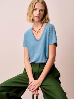 Brora V-Neck Pure Linen T-Shirt, Chambray, Chambray
