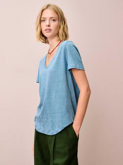 Brora V-Neck Pure Linen T-Shirt, Chambray - view 2, Chambray