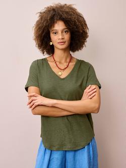 Brora V-Neck Pure Linen T-Shirt, Moss, Moss