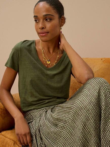 Brora V-Neck Pure Linen T-Shirt, Moss, Moss