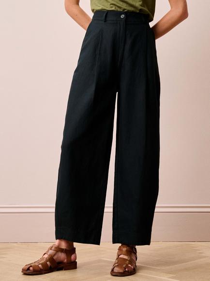 Brora Linen Blend Barrel Leg Trousers, Black, Black