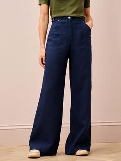 Brora Buckle Tab Wide Leg Pure Linen Trousers, Navy, Navy