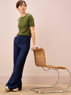 Brora Buckle Tab Wide Leg Pure Linen Trousers, Navy - view 2, Navy