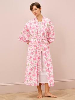 Brora Floral Satin Trim Dressing Gown, White/Rose, White/Rose