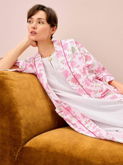 Brora Floral Satin Trim Dressing Gown, White/Rose - view 2, White/Rose