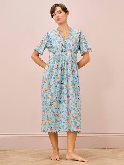 Brora Botanical Print Nightdress, Sky/White, Sky/White